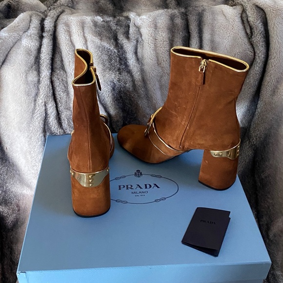Prada Brown Suede Gold Hardware Booties New! - Picture 12 of 16